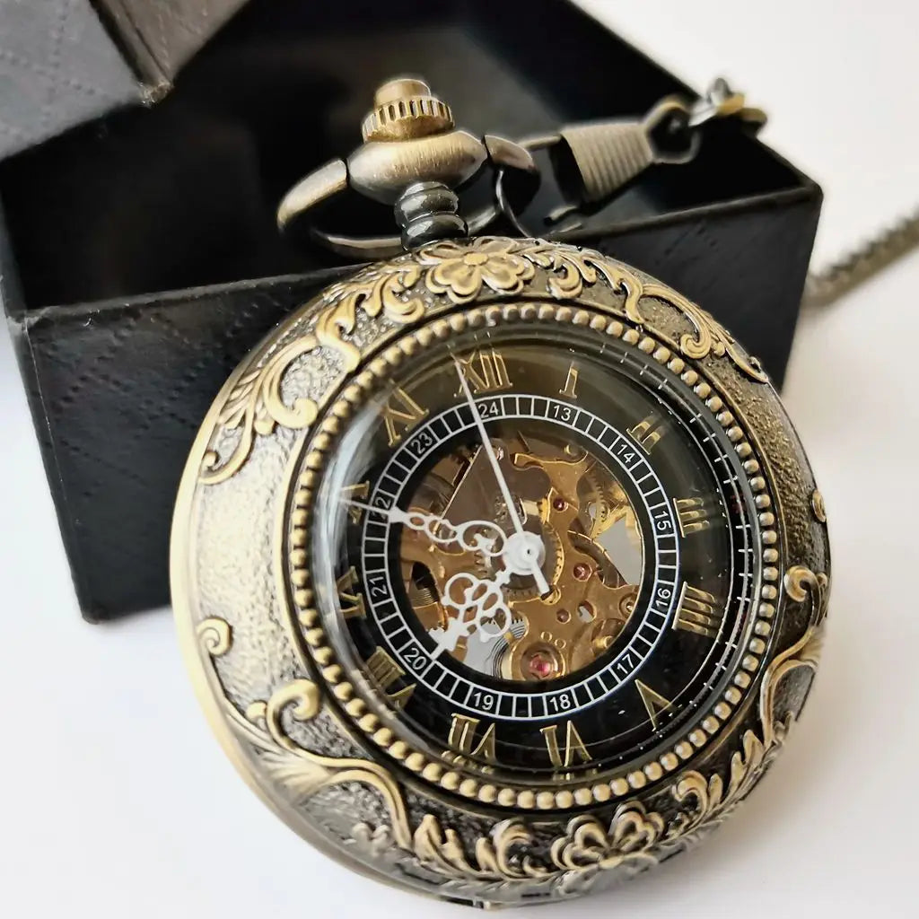 Roman Flower Frame Antique Stainless Steel Mechanical Pocket Watch