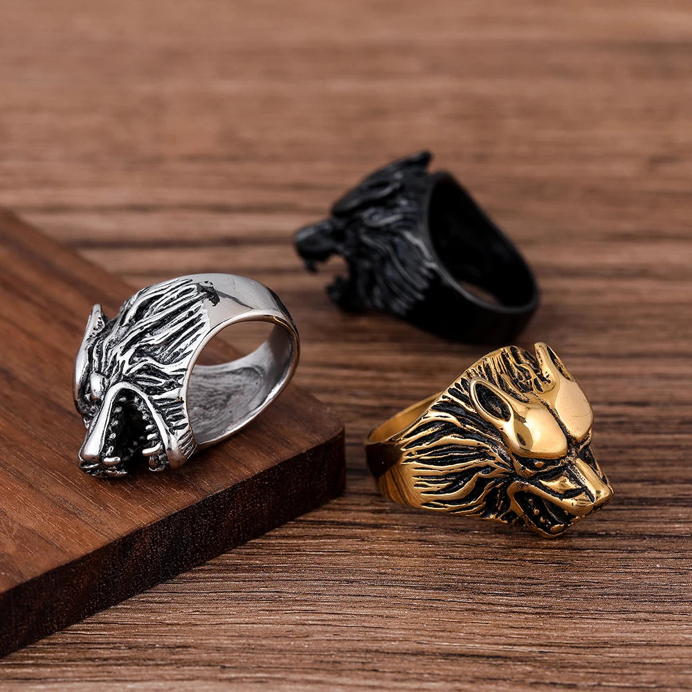 Personality Silver Man Ring Jewelry Fashion Stainless Steel Ring Vingking Domineering Wolf Head Animal Ring for Man