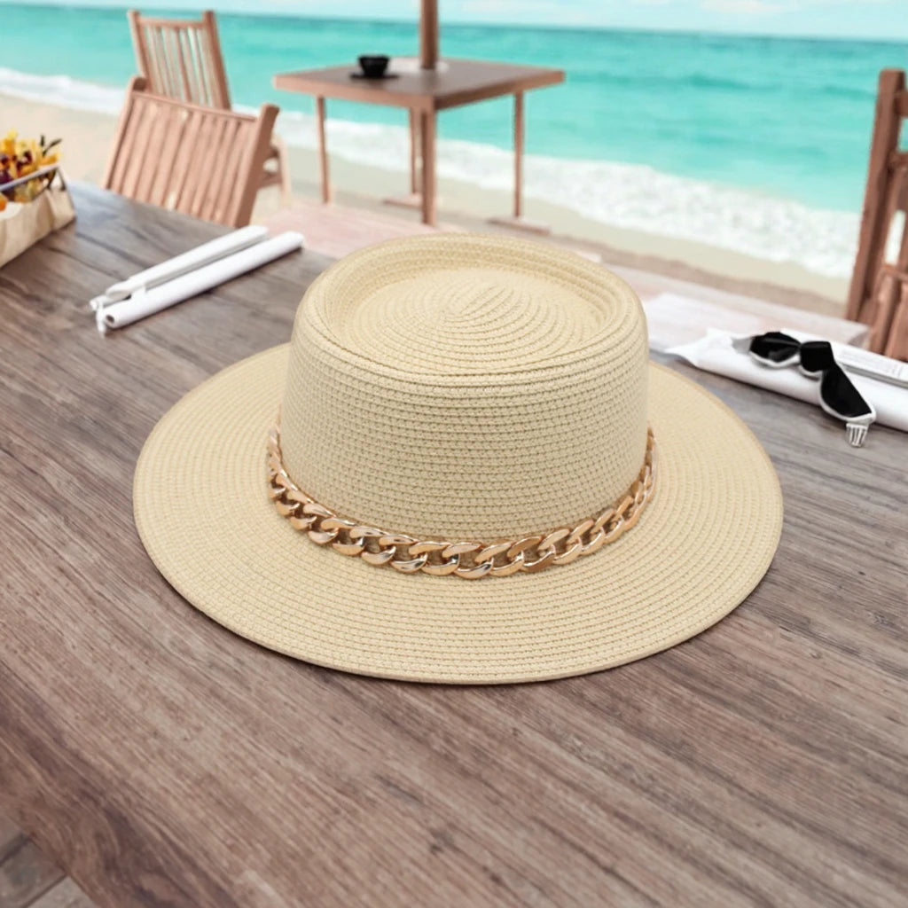 French Hepburn Style Summer Beach Outdoor Sun Protection Straw Hat Spring Summer New Gold Chain Paper Hat