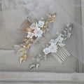 SLBRIDAL Handmade Alloy Leaf Pearl Ceram Flower Bridal Hair Comb Wedding Headdress Hair Accessories Bridesmaids Women Jewelry