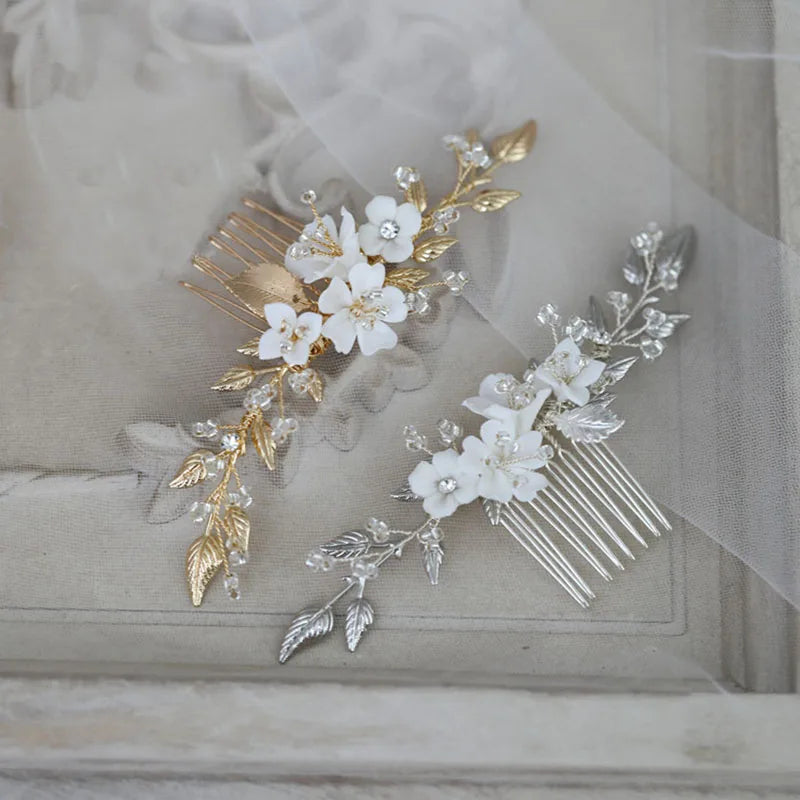 SLBRIDAL Handmade Alloy Leaf Pearl Ceram Flower Bridal Hair Comb Wedding Headdress Hair Accessories Bridesmaids Women Jewelry