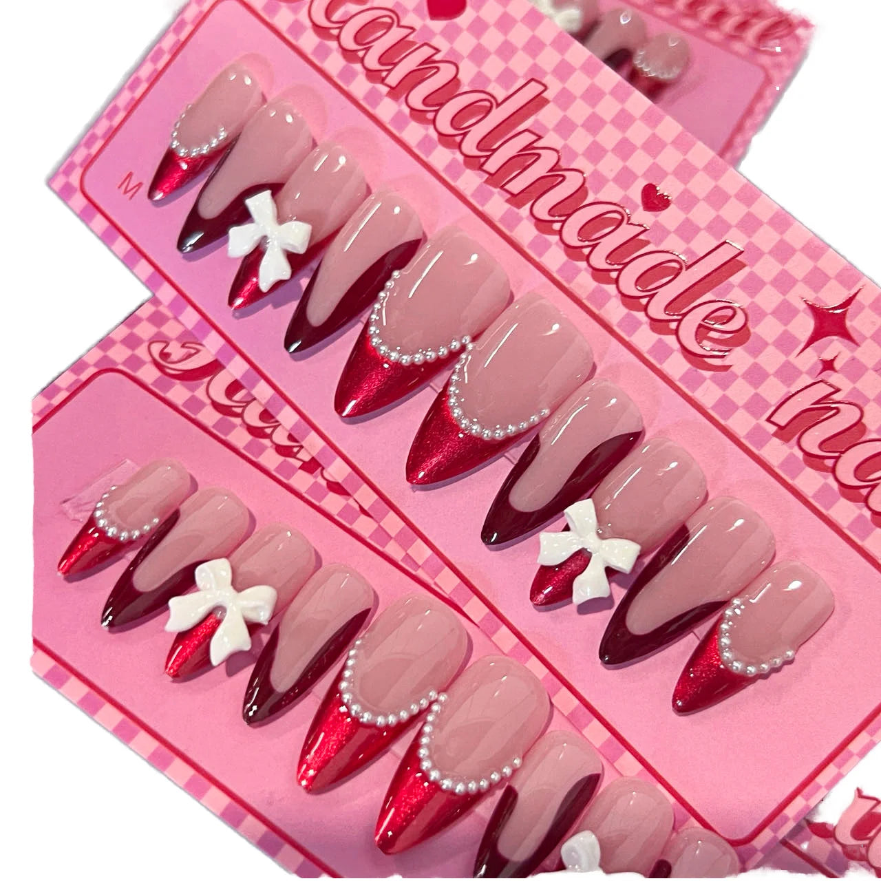 10 Pcs SP177 French-style Red High-end Graded Semi-handmade 3D Bow Almond Acrylic Press on  Nails Artificial Fingernails