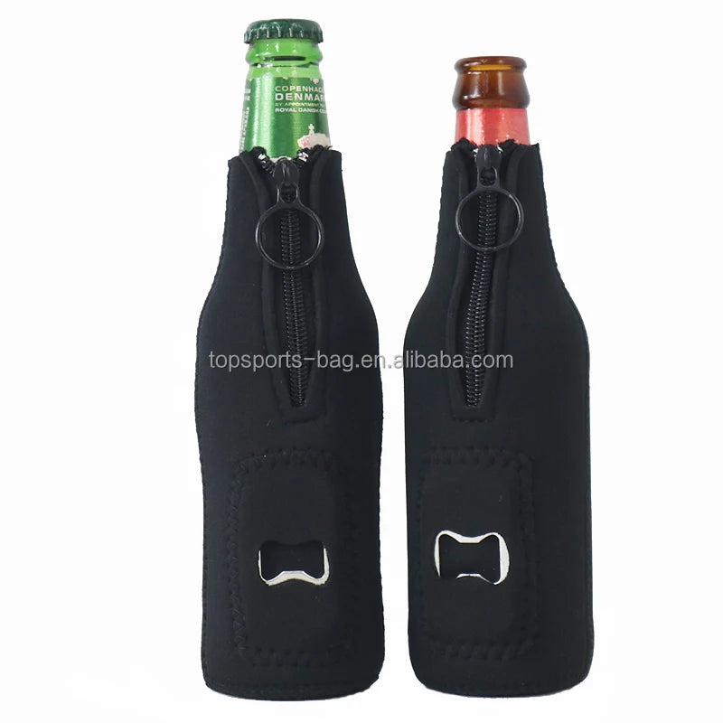 Drop Shipping Stock Neoprene Beer Bottle Insulator Sleeves with Ring Zipper Bottle Opener for 12 oz Bottles