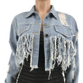 Hole Washed Tassel Backless Crop Top Women Jeans Jacket