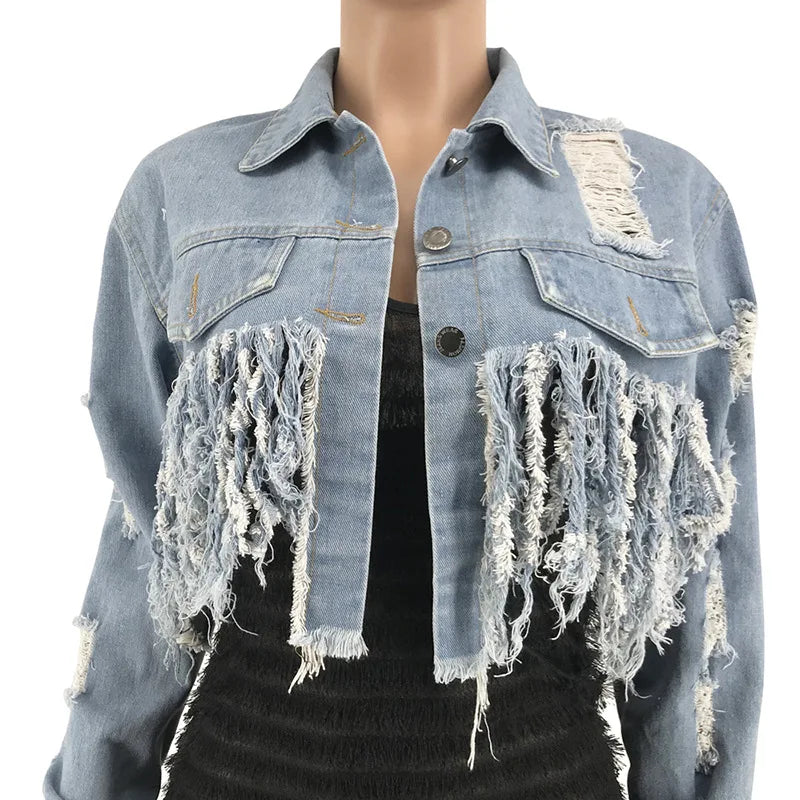Hole Washed Tassel Backless Crop Top Women Jeans Jacket