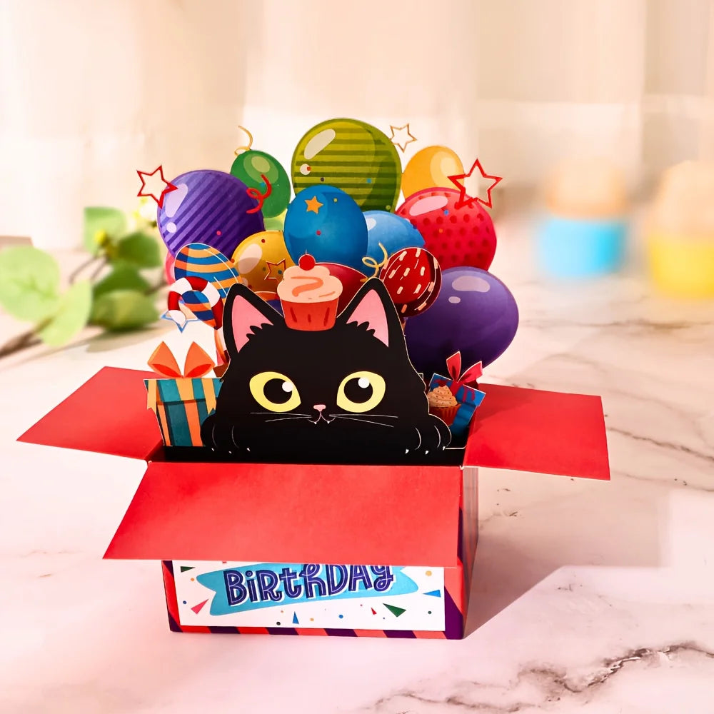 Exquisite Gift Birthday Anniversary 3D Pop up Black Cat Balloon Gift Box Cute Animal 3D Greeting Card