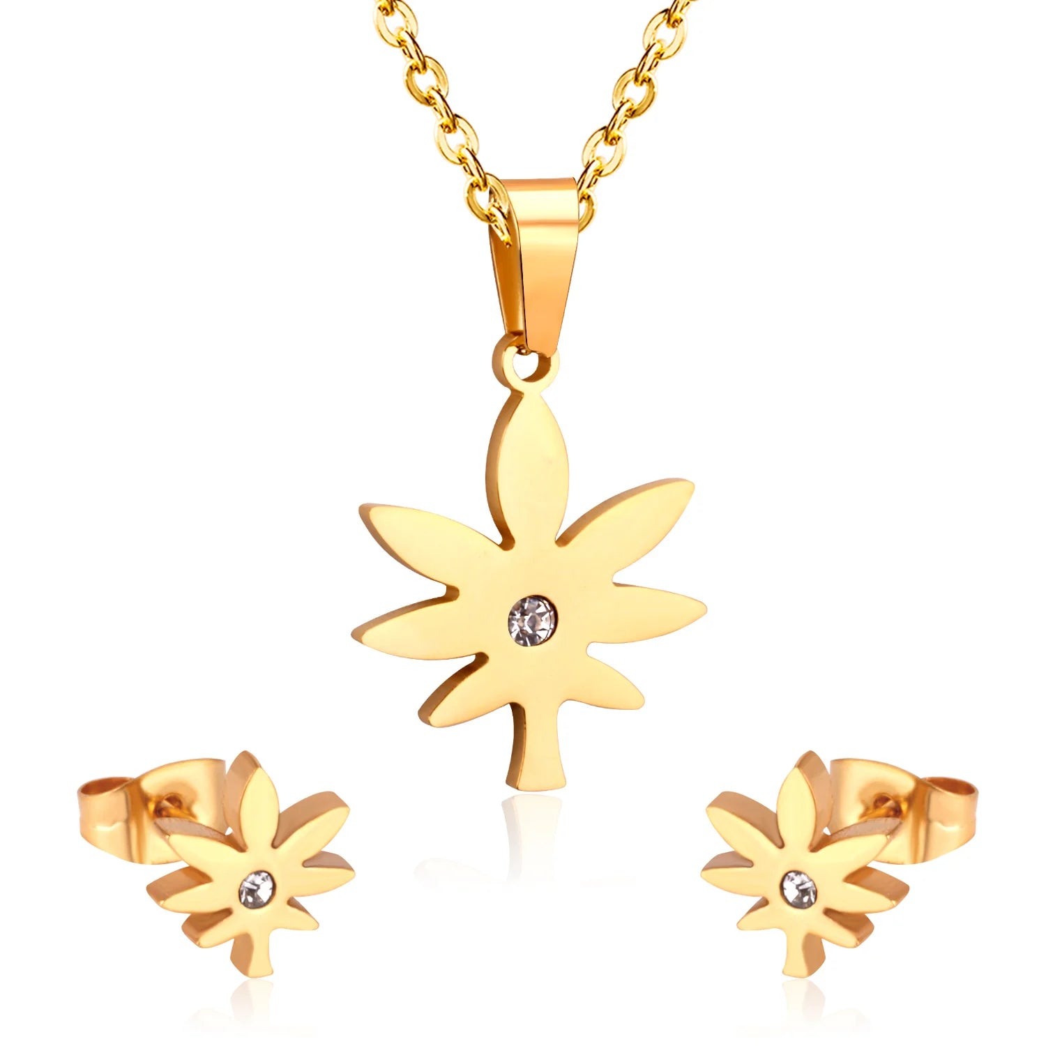 Minimalism Trendy Fashion Stainless Steel 18K Gold Plated Jewelry Set Leaf Pendant Necklace Stud Earrings Charm Jewelry Women
