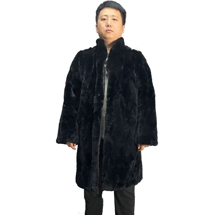 Wholesale Custom Streetwear Eco-Friendly Breathable Thick Patchwork Polyester Filled Long Standing Collar Black Men's Rex Fur