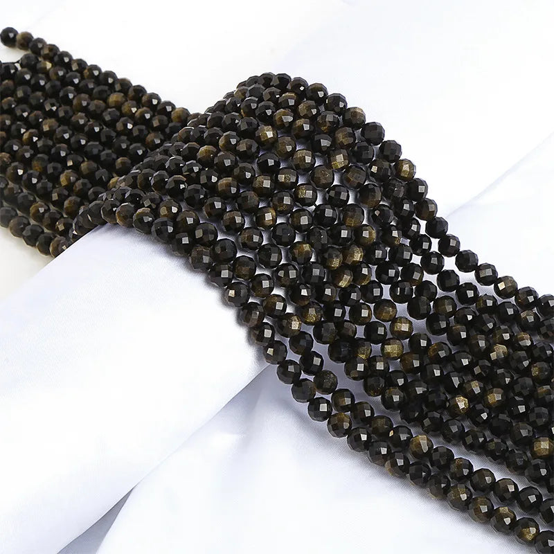 Faceted Gold Obsidian Loose Beads Black Bracelet Handmade Jewelry Accessory Cutting Gem Stone Beads for Necklace Making