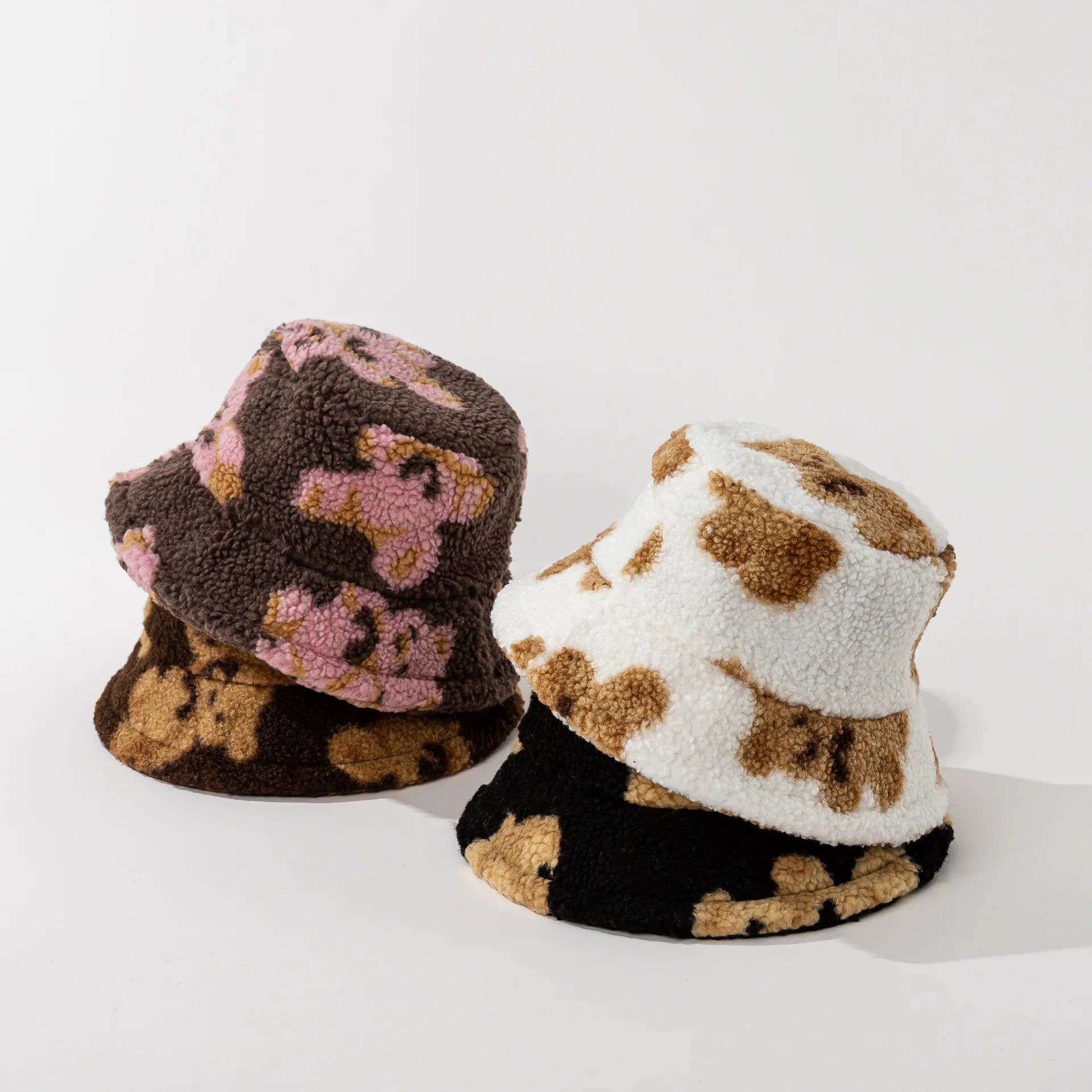 Winter Bear Bucket Hats Furry Print Women Animal Plush Cap Warm Faux Fur Soft Fisherman Hat Adjustable Winter Spring