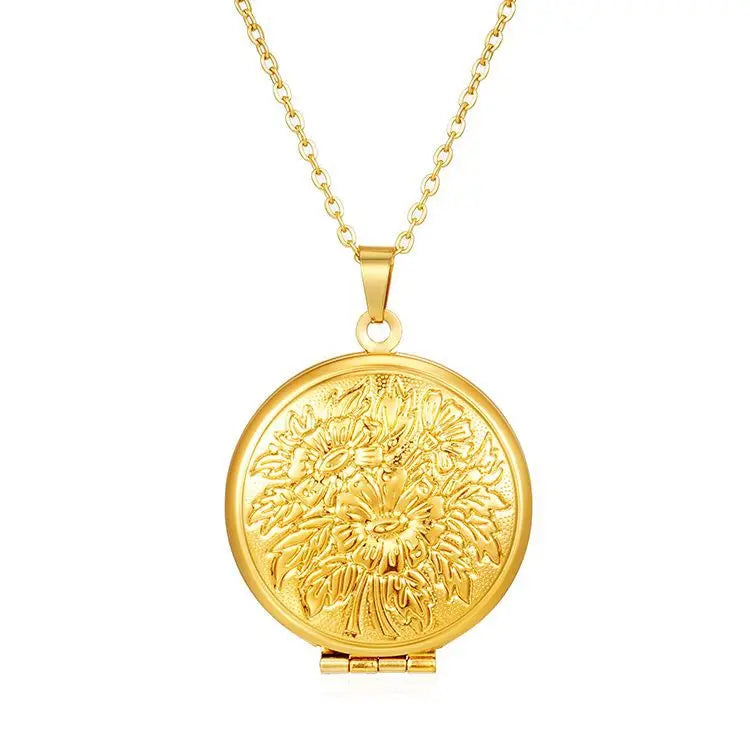 Vintage Stainless Steel Locket Necklace Elegant Exquisite Lotus Round or Patterned Heart-Shaped Locket Pendant Can Hold Photos