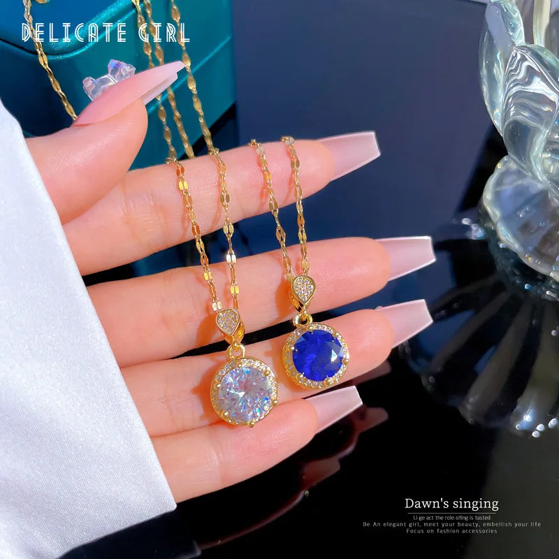 Sparkling Micro Diamond Round Zircon Pendant Necklace Stainless Steel Chain Gold Plated Zircon Bling Round Pendant Necklace