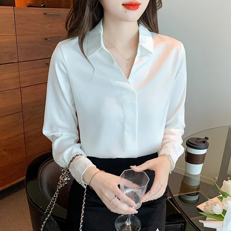 8852# Long Sleeve Ladies Shirts Casual Spring Autumn Fashion Solid Women Blouse Tops Clothes Office Blusa Elegant
