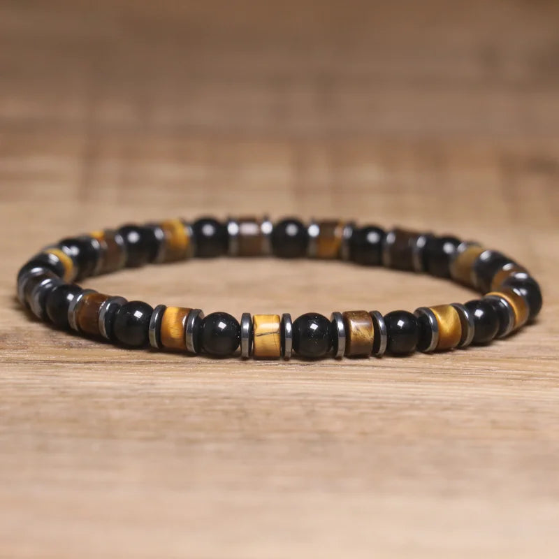 Bohemian Natural Tiger Eye Elastic Stone Bracelet for Men Women Tiger Eye Hematite Beaded Bracelet Healing Energy Stone Jewelry