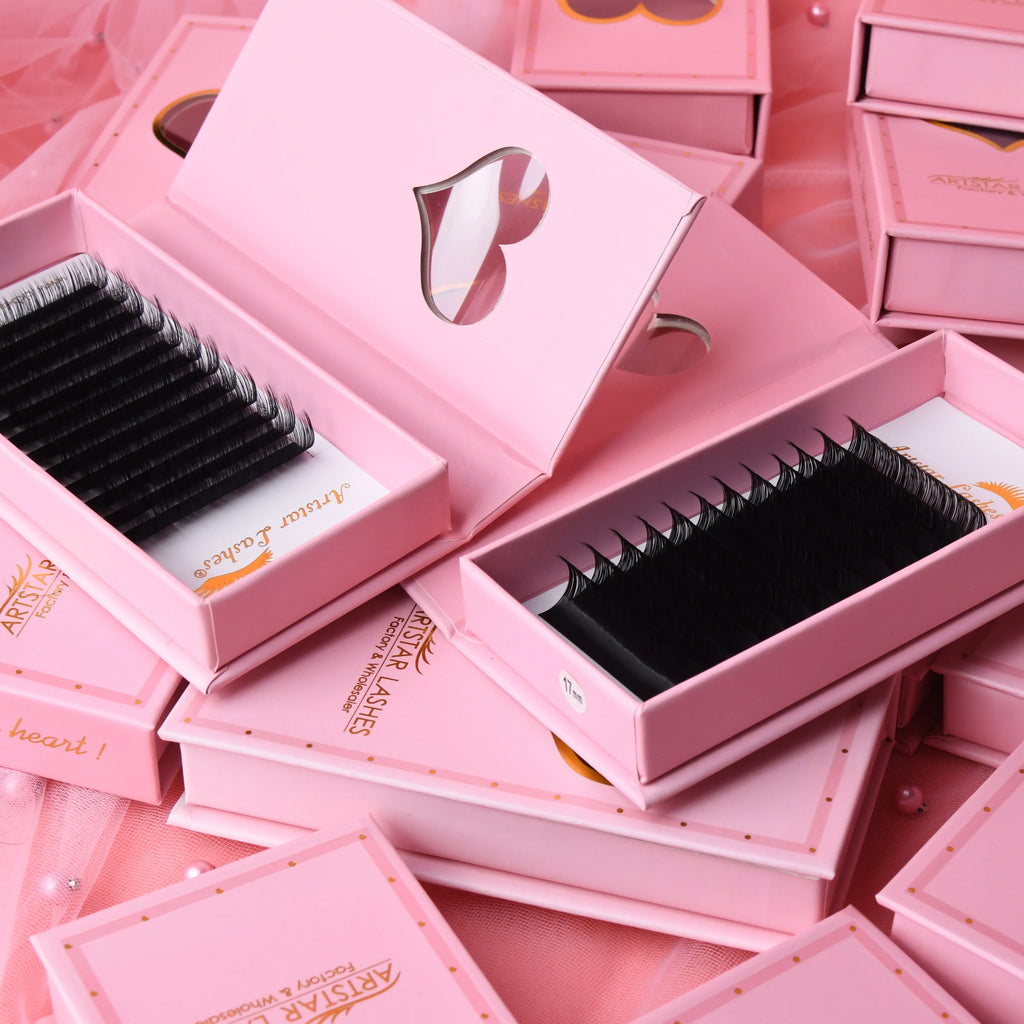Private Label Eyelash Vendor Pink Box Korean Cashmere Lash Extensions Matte Natural Premium Black Lash Russian Volume