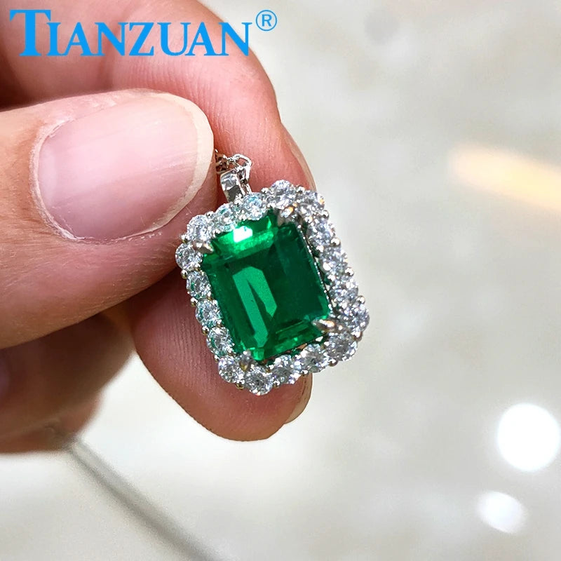 925 Silver Pendant with Green Color 7x9mm Hydrothermal Columbia Emerald and White Moissanite Classic Jewelry