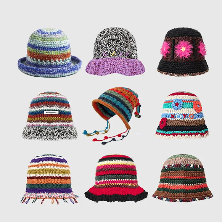 Handmade Knitted Colorful Striped Beanie Warm Fisherman Crochet Rasta Bucket Hat for Fishing Casual Party Cycling Leaf Pattern