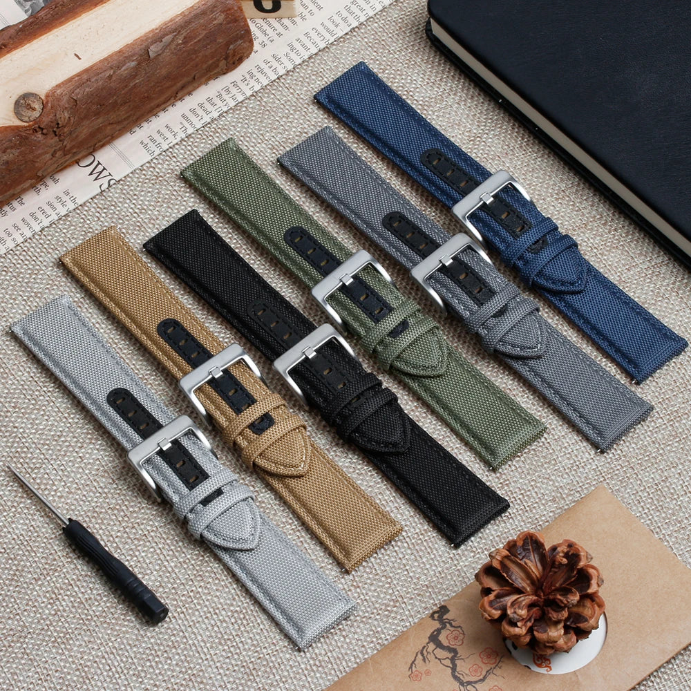 High Quality Cordura Bracelet 20mm 22mm Brushed Hardware Leather Holes with Quick Release Spring bar Sailcloth Watch Strap