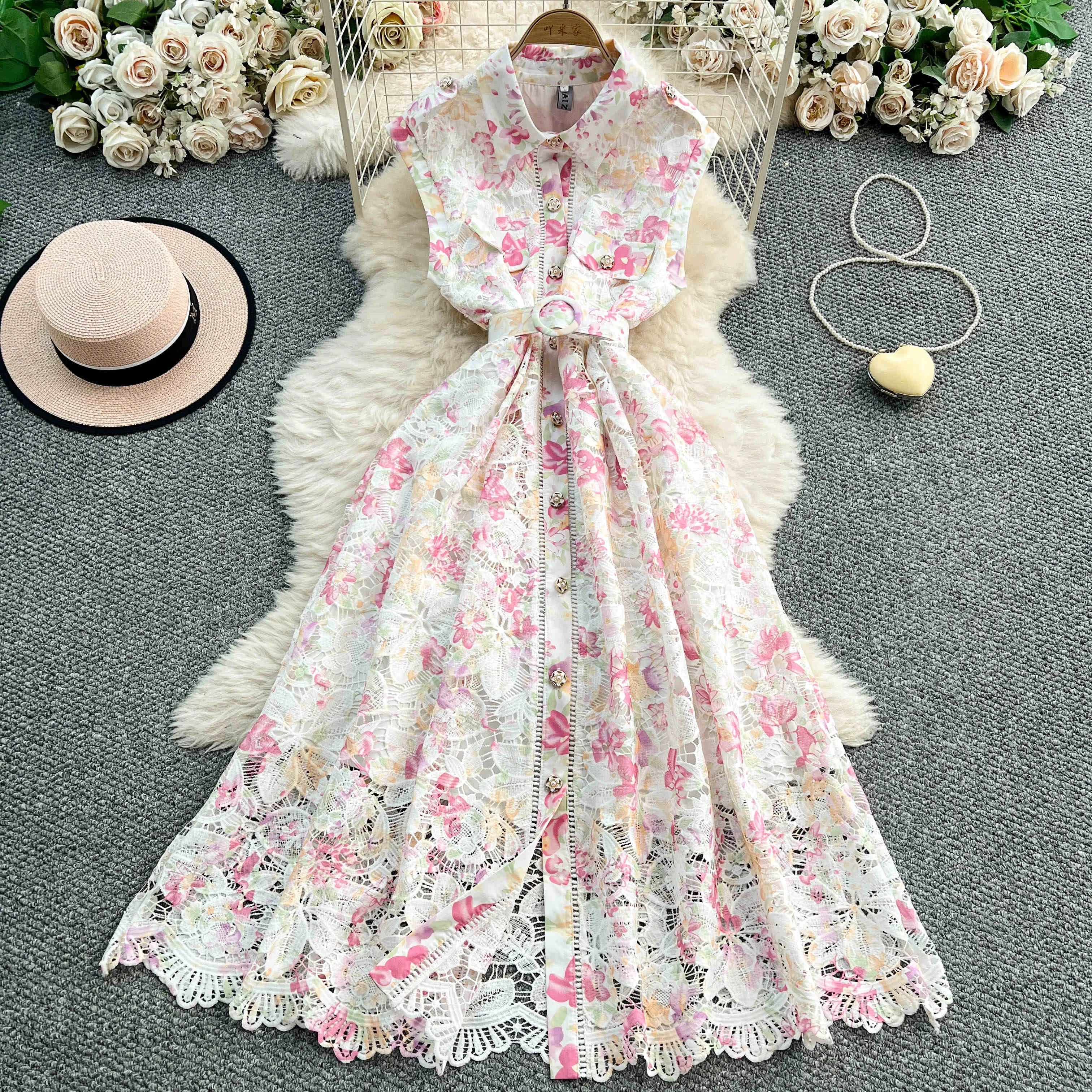 Women's New Single-breasted Sleeveless Lace Elegant Lace Print Lapel Dresses