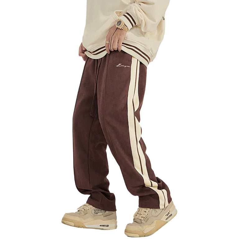 SanDian Suede Nap Side Webbing Embroidery Pants Classic Straight-leg Slacks