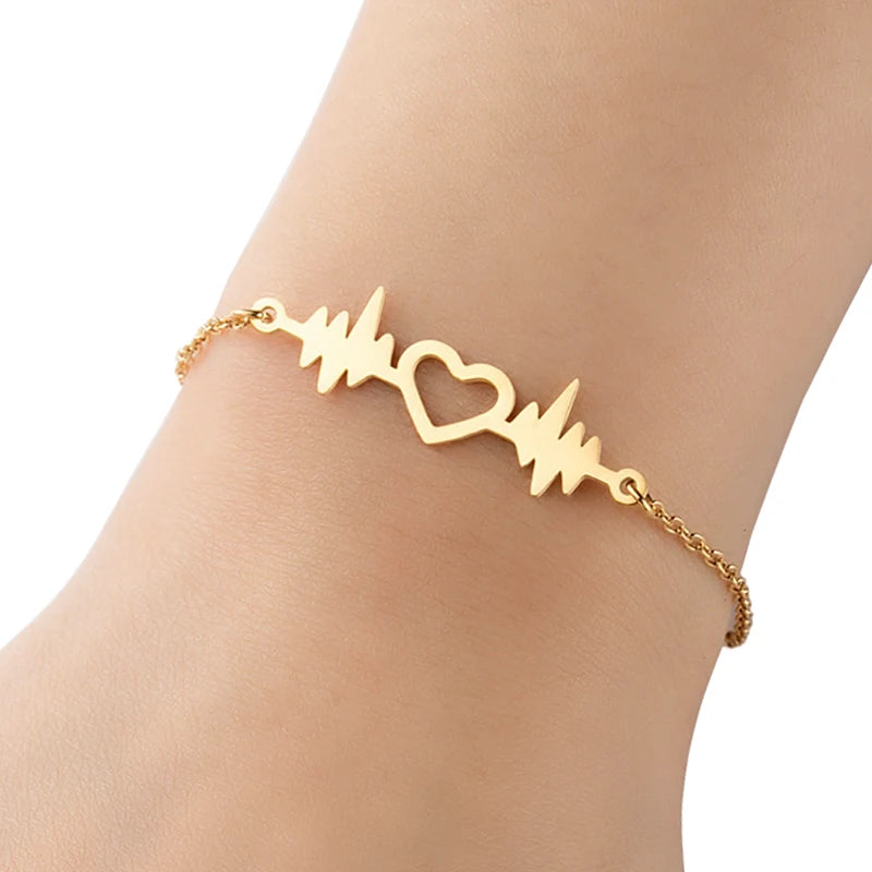 New Design Non Tarnish Silver 18K Gold Plated Stainless Steel Women Charm Heartbeat Heart Beat Bracelet Jewelry