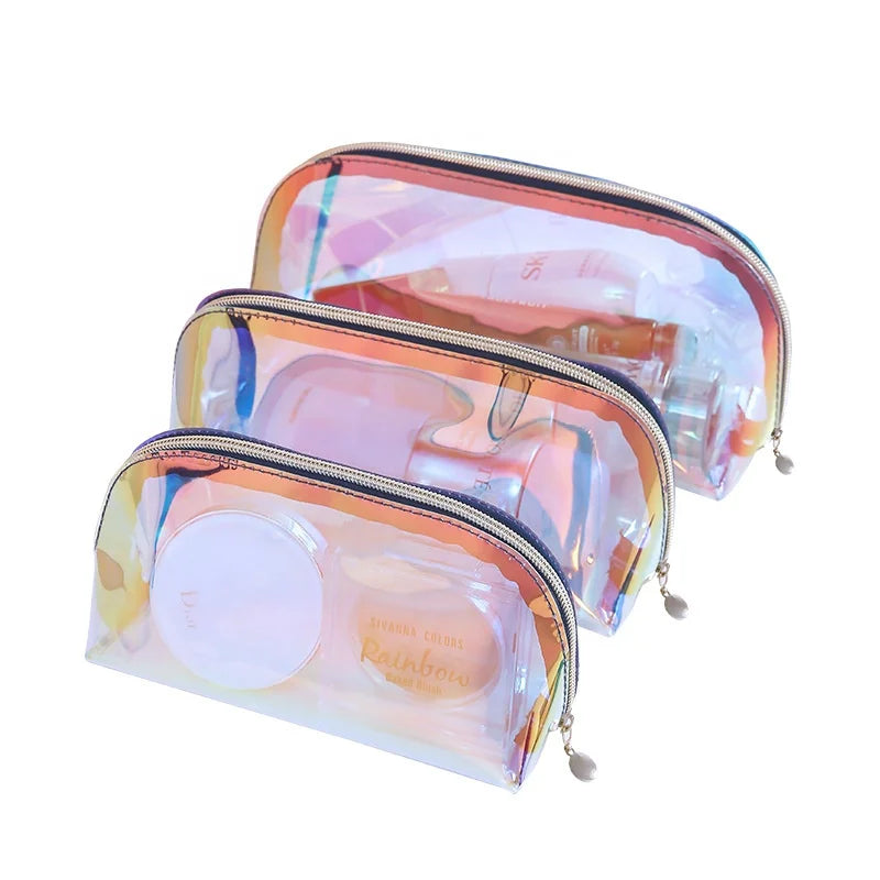 New TPU Laser  Waterproof clear Zipper Dazzle Color Storage Three Sets of Simple Makeup Cosmetic Bag