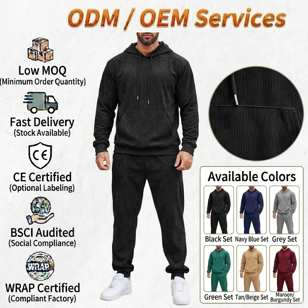 Custom Blank Pullover Hoodie Set Men Casual Tracksuit Sweatshirt and Sweatpants Set Solid Color 2 PCS Set
