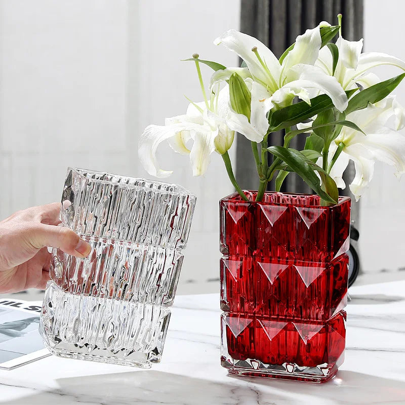 Glass Vase Thickened Square Transparent Water Flower Vase Art Deco Finely Engraved Crystal for Wedding Table