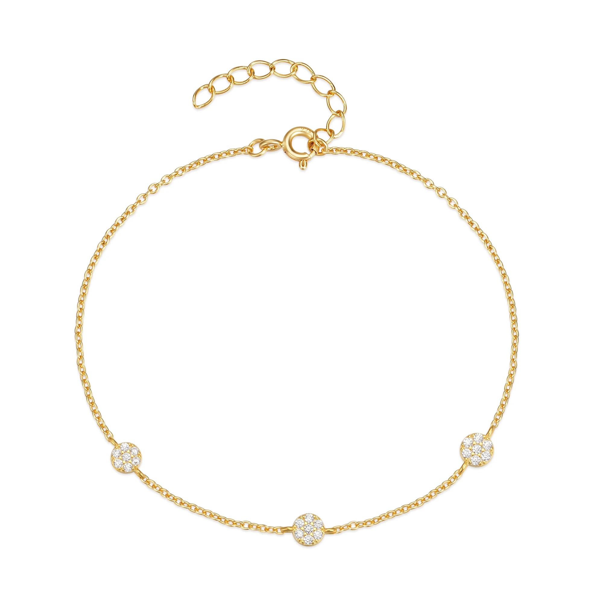 Fashion Jewelry 925 Sterling Silver Simple Three Round Mini Full Diamond Zircon Gold Plated Bracelets for Women