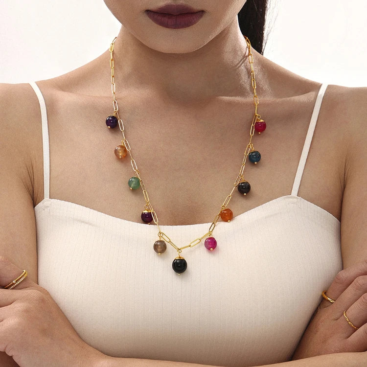 X143 Wholesale Gold Plated Stainless Steel Chain Natural Stone Necklace Round Crystal Stone Pendant Jewelry for Women