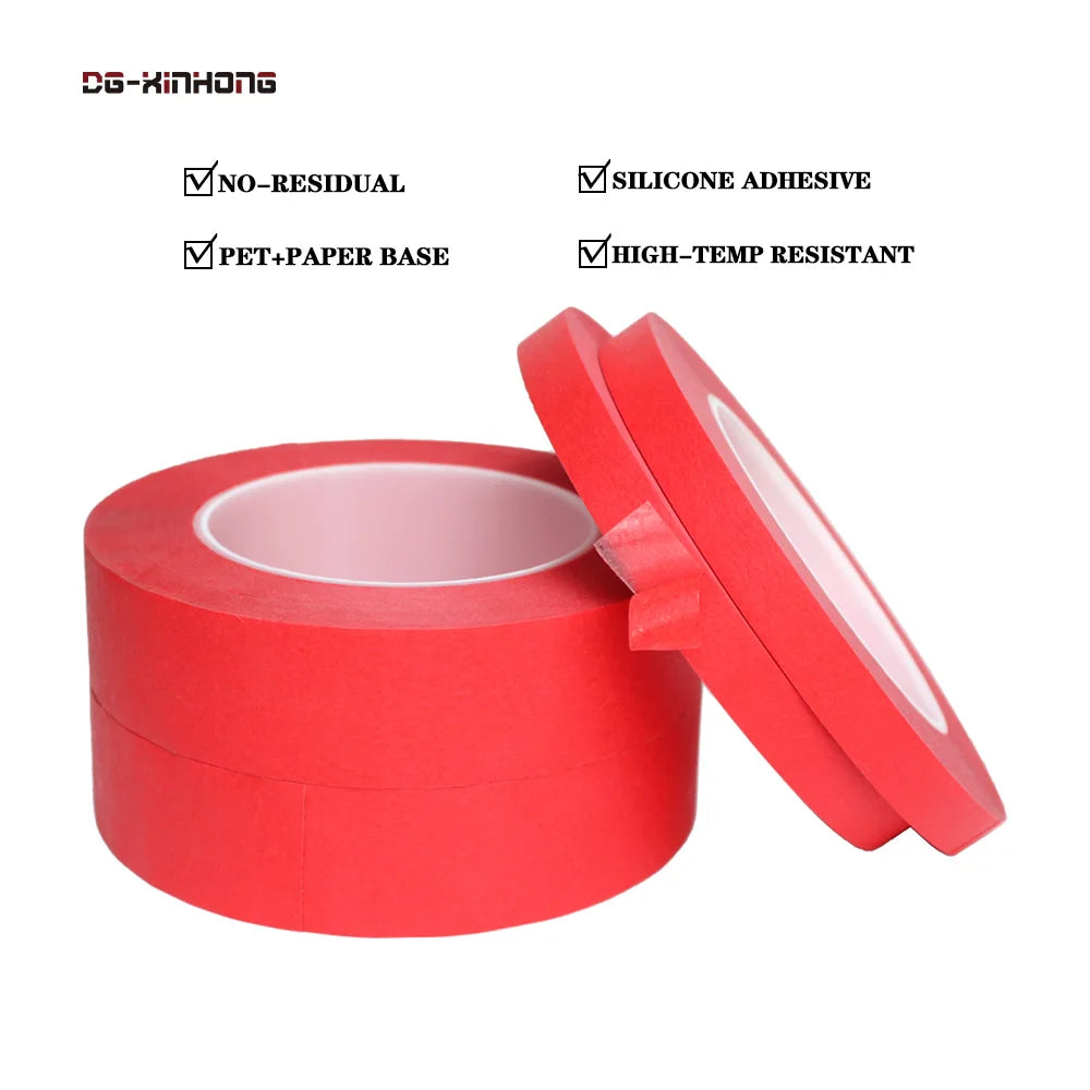 2- Recyclable High Temperature Resistant Spray Paint Masking Red Crepe Paper and PET Polyester Film Base Silicone Adhesive Tape