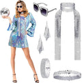 6 Pcs Disco Women Costume Outfit 70s Sequin Scarf Dress and Accessories Jewelry for Birthday Dance Party