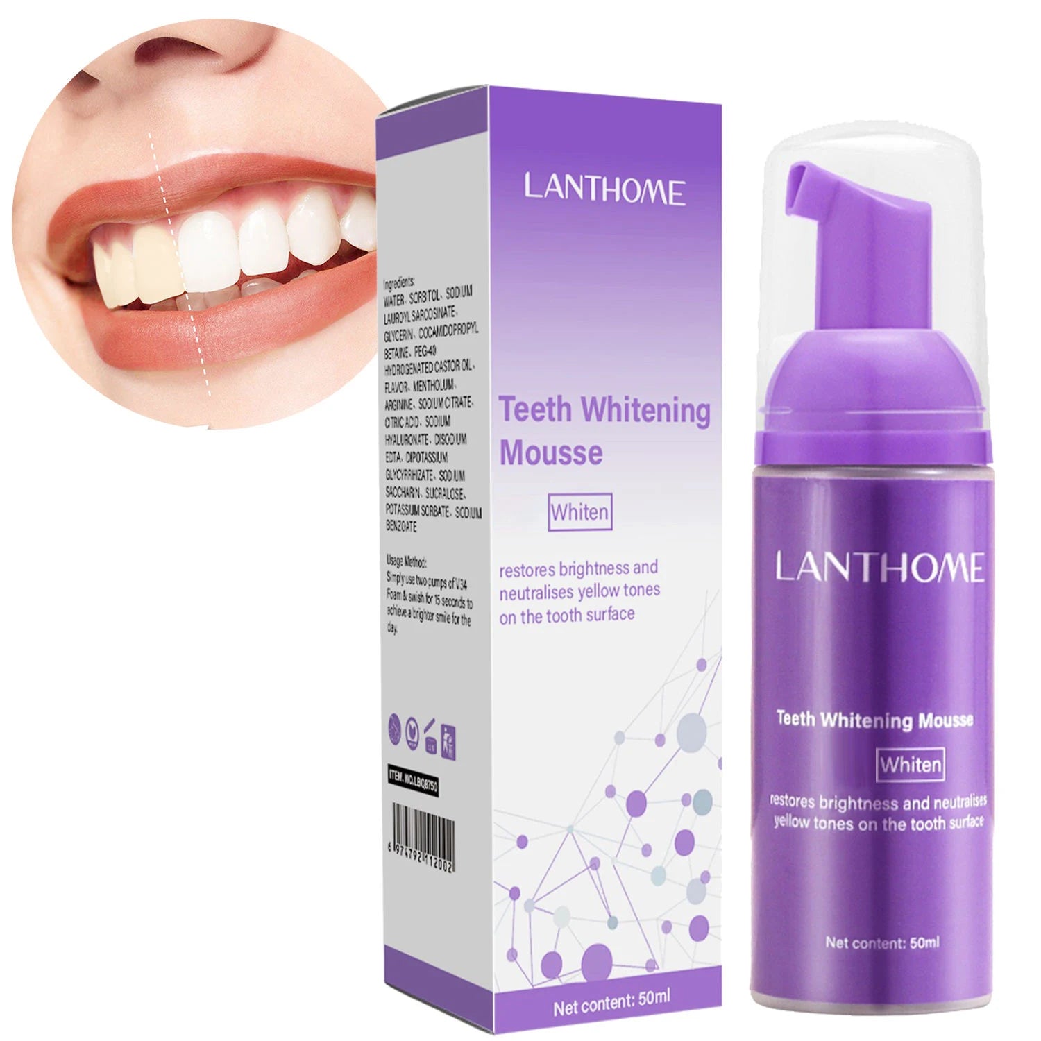 TONGWODE Teeth Whitening Foam Purple Mousse Toothpaste 50ML Oral Care for Removing Stains & Brightening Teeth