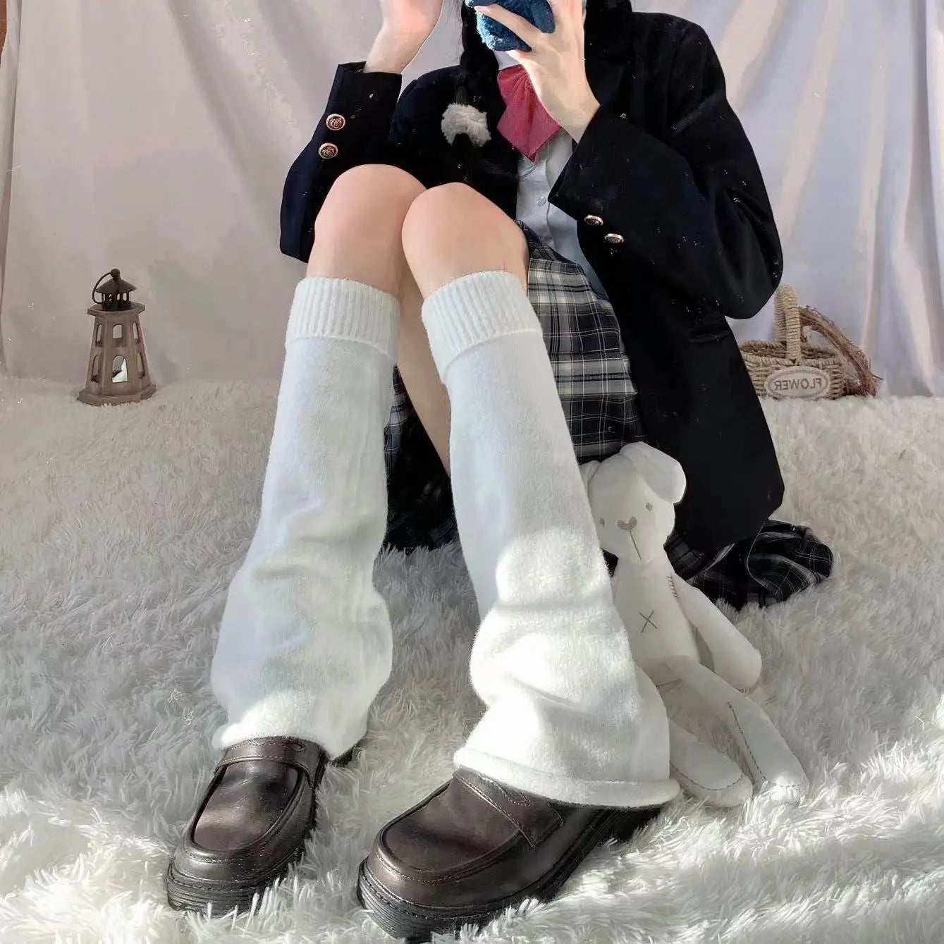 Plain Color Flared Style Women White Organic Knit Thigh Leg Warmers Custom Cotton Compression Socks