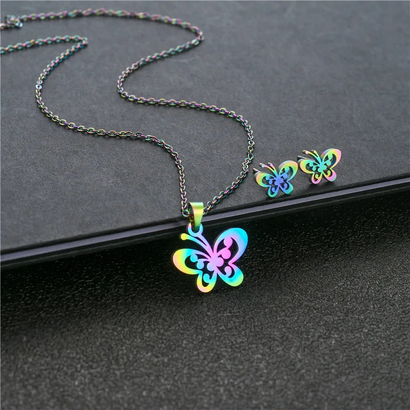 Direct Manufacturer Sale Women's Stainless Steel Butterfly Pendant Necklace Earring Set Colorful Link Chain Gift