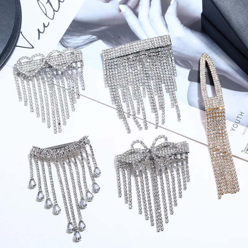 Fashion Girls Luxury Glitter Diamond Hair Clips Shining Rhinestone Tassel Hair Clips for Women