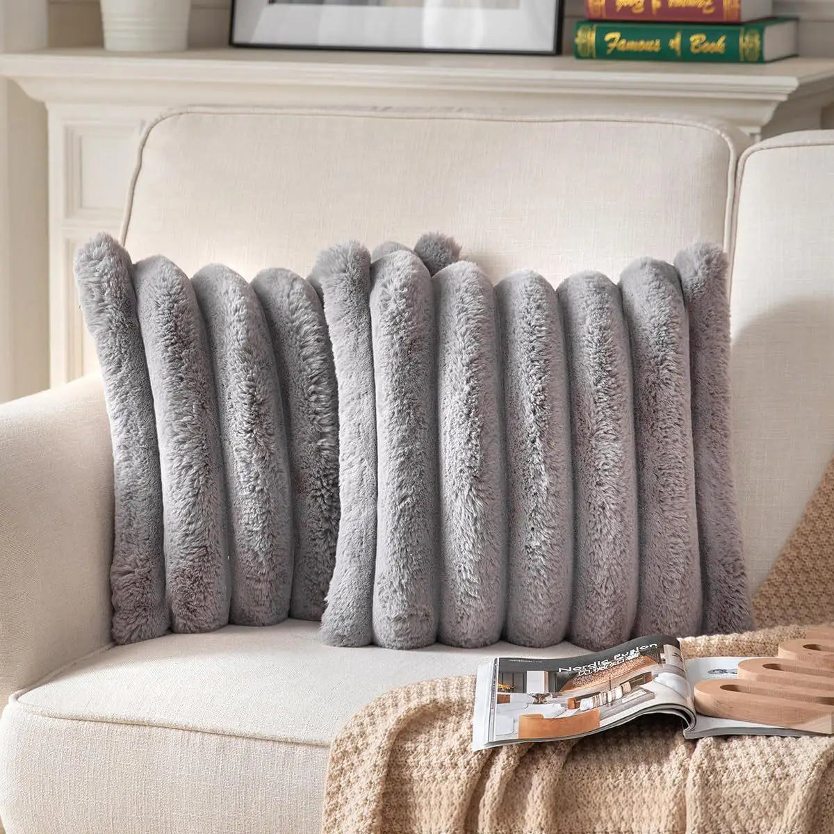 Amity Luxury Warm Plush Square Throw Pillows Cover Faux Rabbit Fur Throw Cushion Cover Home Sofa Bedroom Living Room Decor
