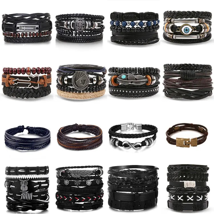 Factory Wholesale Adjustable Men Beads Bracelet Retro Punk Infinity Sign Feather Charm Multilayer Leather Braided Wrap Bracelet