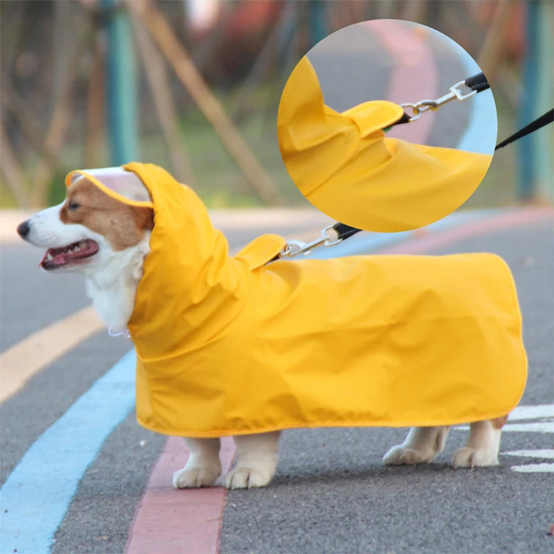 Outdoor PU Waterproof Hooded Dog Raincoat Corgi Teddy Golden Retriever Dog Rain Jacket Clothes Raincoat for Dogs with Leash Hole