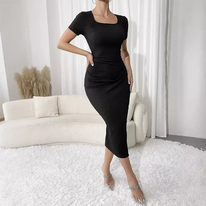 Black Eco-Friendly Chiffon Midi Dress with Scoop Neck Split Thigh Ribbed Knit Short Sleeves-Breathable and Nonwoven Woven