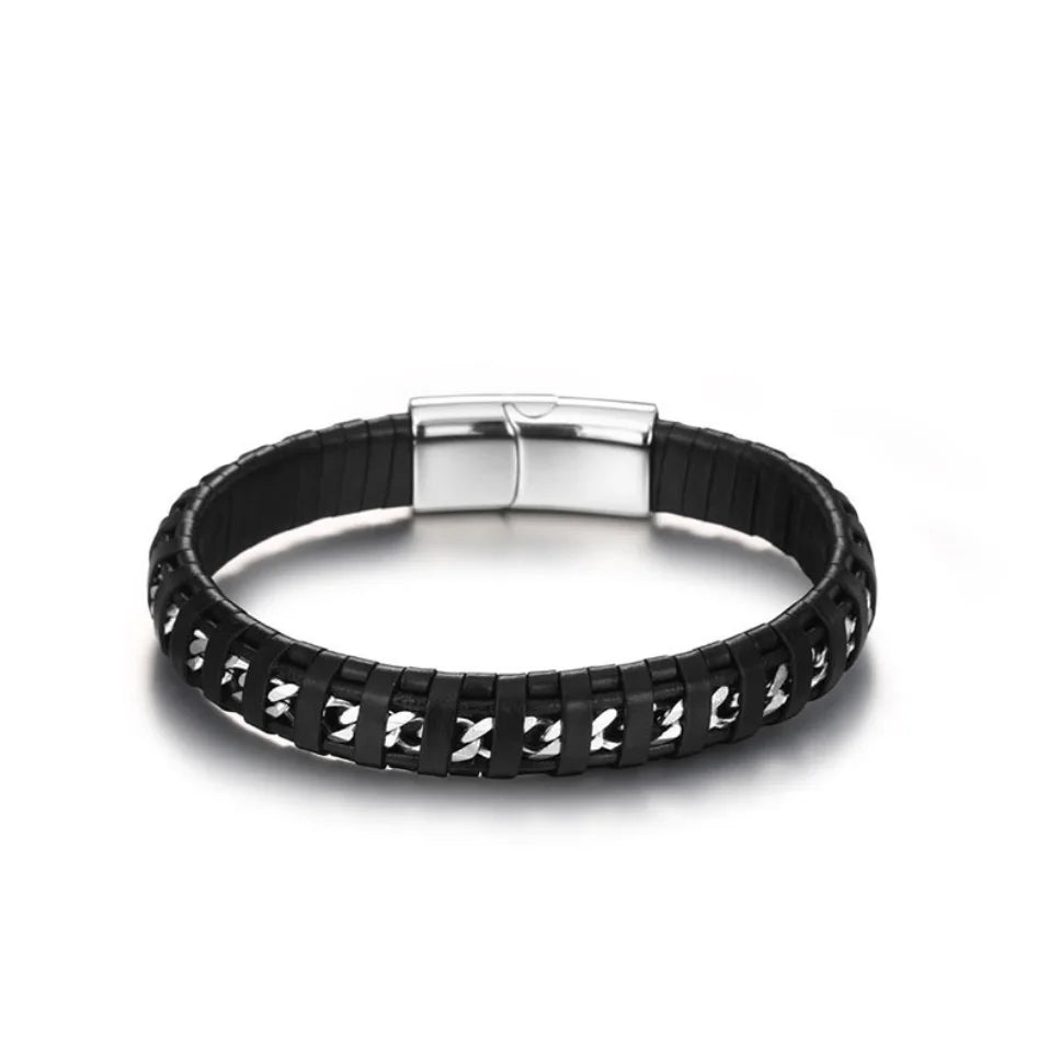 Microfiber Leather Braided With Stainless Steel Chain Wrap  Leather Bracelet