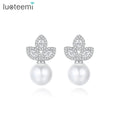 LUOTEEMI Woman Elegant Korean Jewelry Small Zircon Charm Fashion Hot Sale Earing Leaf Stud Pearl Earrings