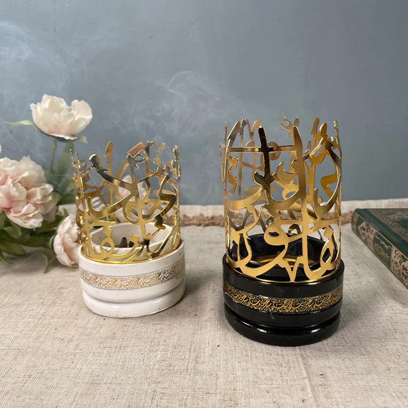 Arab Creative Eid Mubarak Candlestick Ramadan Candle Holder Aromatherapy Furnace Electroplated Gold Set Home Decoration