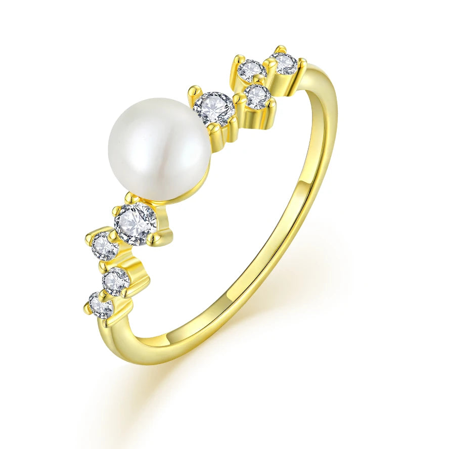 YILUN Classic 925 Sterling Silver Single Stone Pearl Ring Fine Jewelry 18K Gold Plated CZ Diamond Dainty Pearl Ring 925