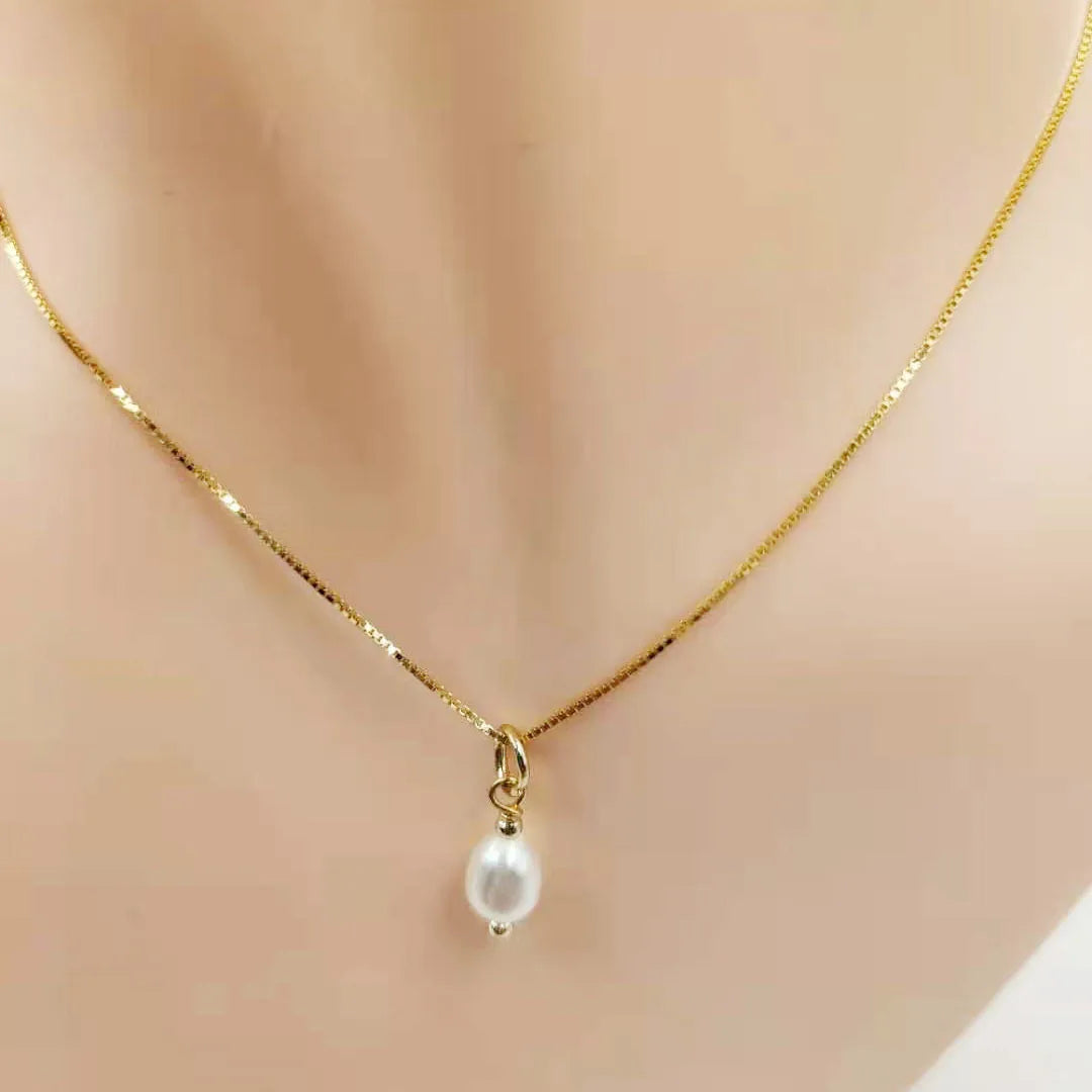 16/18 Inch Choker Necklace real 14K Gold Filled Box ChainAAA 5-6 mm Natural Freshwater Rice Pearl Pendanthigh Luster