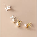 925 Sterling Silver White Natural Pearl Stud Earings Gold Plated Zircon Geometric Shape Earrings Fine Jewelry for Women