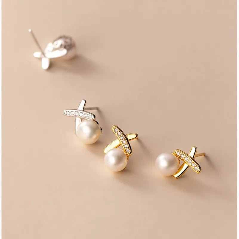 925 Sterling Silver White Natural Pearl Stud Earings Gold Plated Zircon Geometric Shape Earrings Fine Jewelry for Women