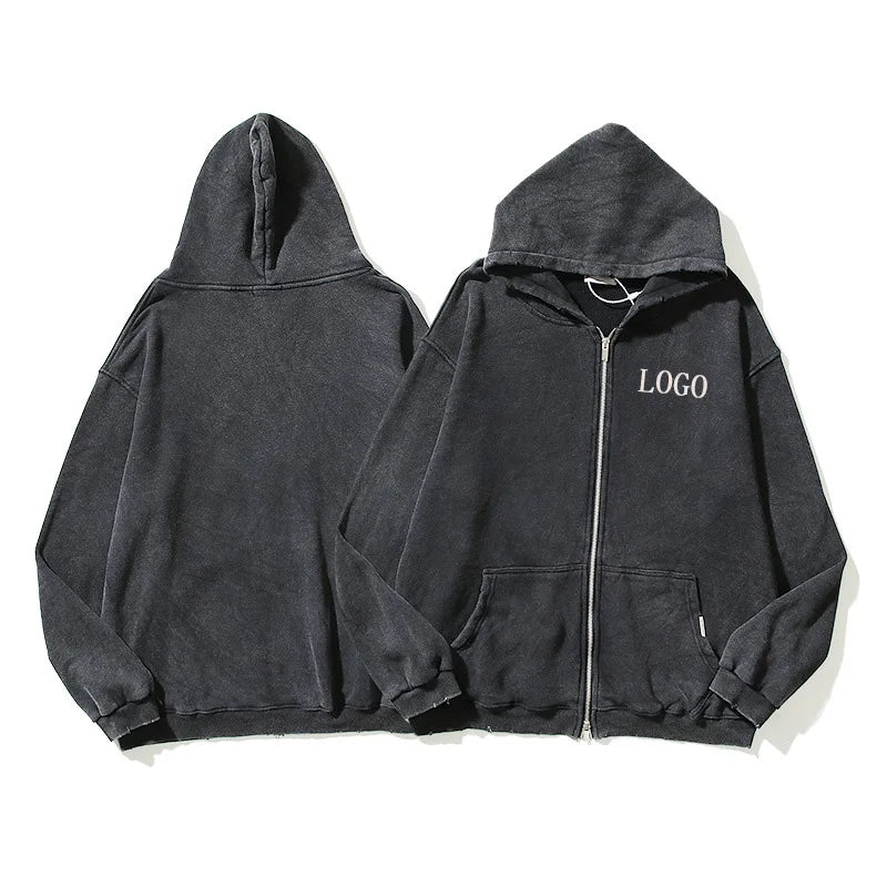 Custom Logo Men Puff Print French Terry Cotton Black Solid Color Unisex Vintage Blank Full Zip up Acid Wash Hoodie