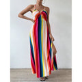Female Trendy Suspenders V Neck Dress Women Printed Backless Rainbow Maxi Dress for Beach