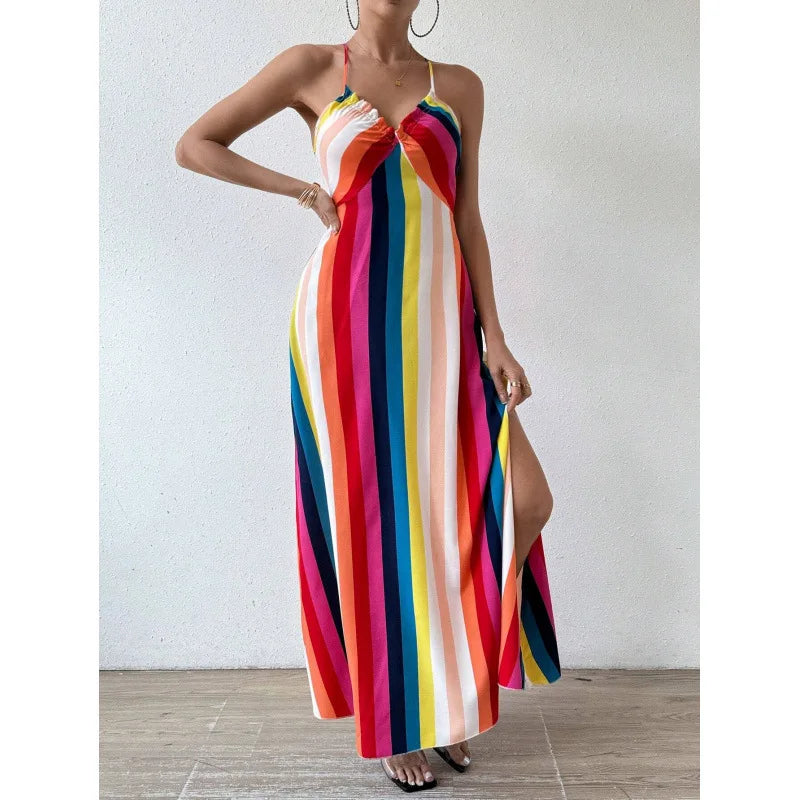 Female Trendy Suspenders V Neck Dress Women Printed Backless Rainbow Maxi Dress for Beach